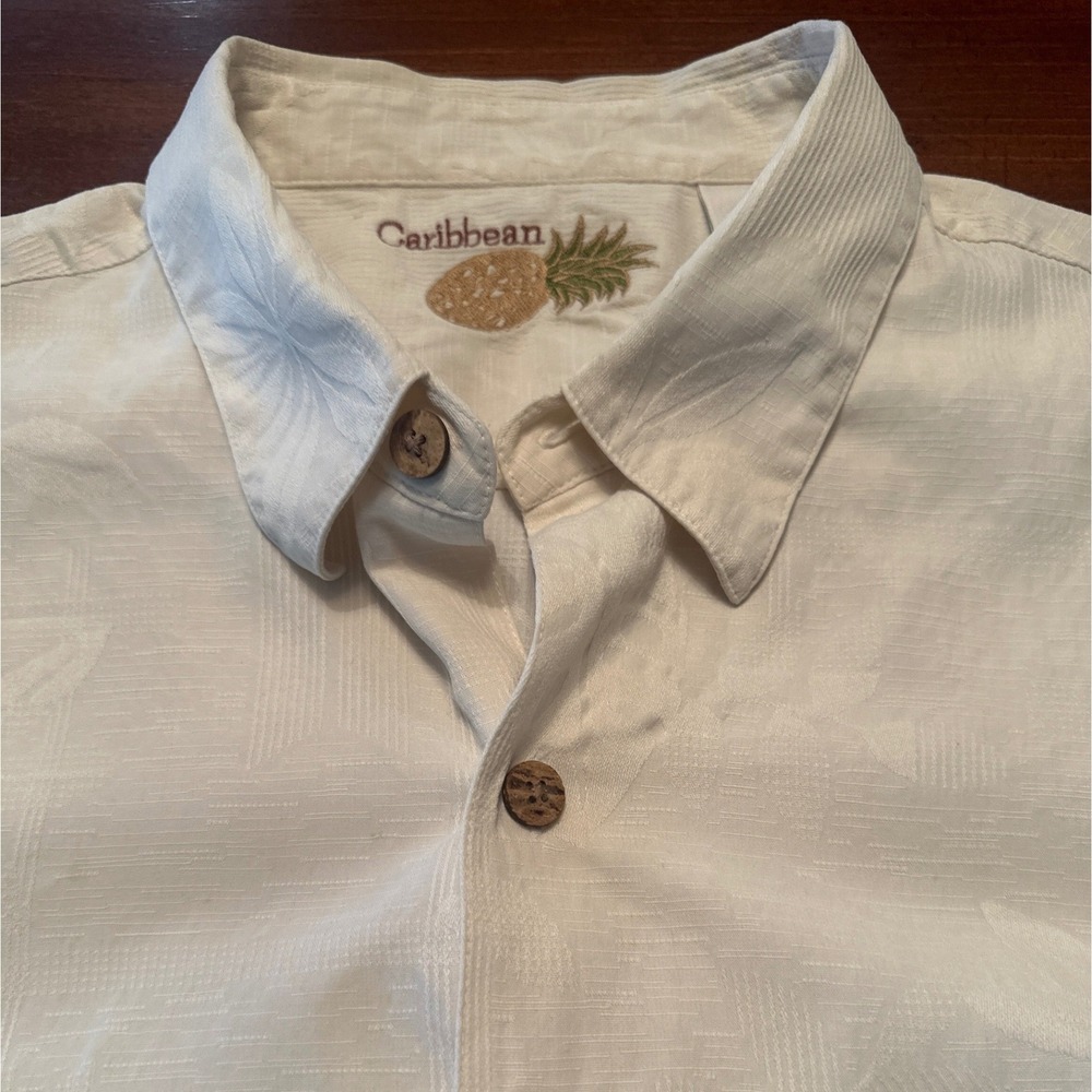 Caribbean Button Down Mens XL Cream Excellent Silk Cotton Floral Jacquard Shirt